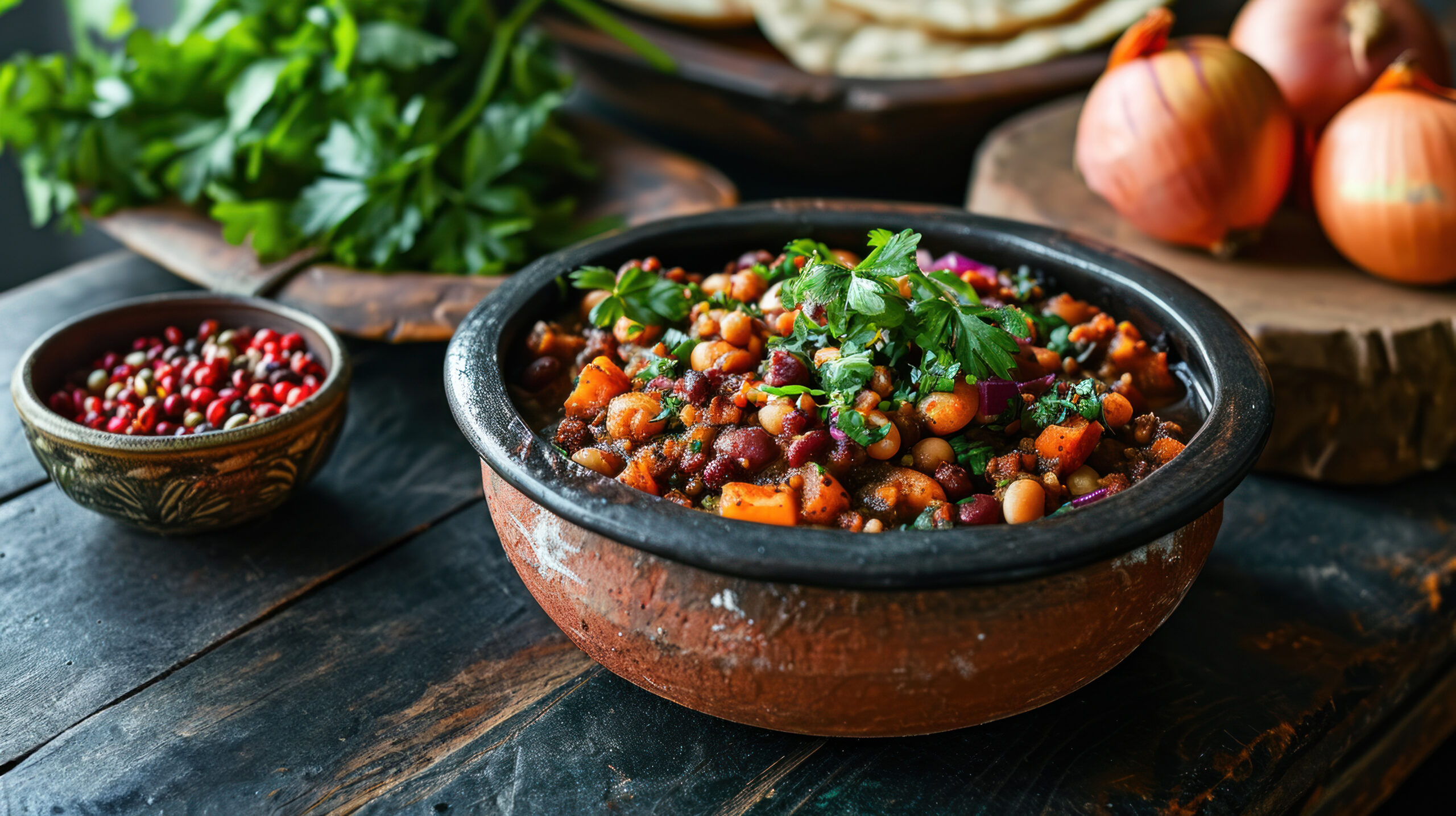 A popular Georgian dish of beans and tarav with spices - lobio, traditionally served in a small clay pot, an idea for a restaurant menu.